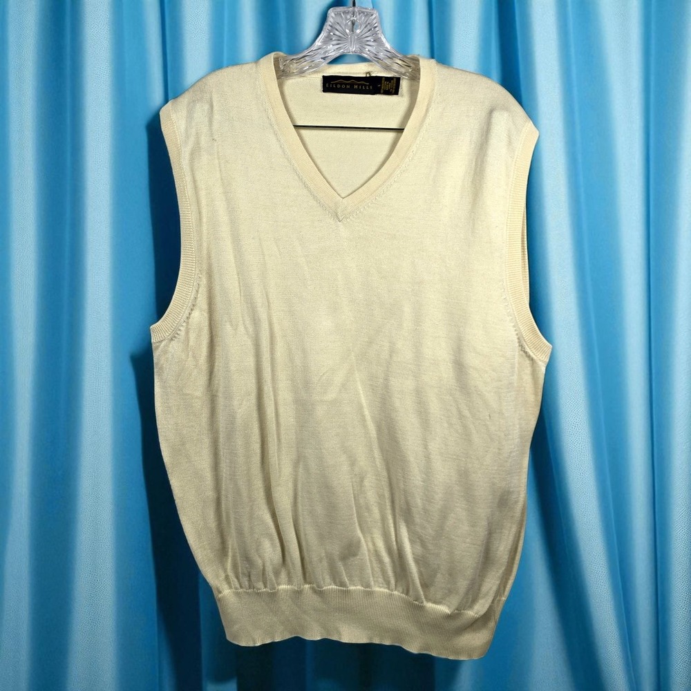 Eildon Hills Sweater Vest Men Large Ivory Merino Wool V-Neck Sleeveless Knit